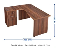 L Formlu Personel Çalışma Masası 160x60 cm ölçüleri: genişlik 160 cm, derinlik 60 cm, yükseklik 75 cm
