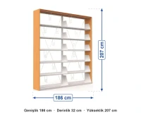 Okul Kütüphanesi Rafı İkili Tek Taraflı 186x32x207 cm ölçüleri: genişlik 186 cm, derinlik 32 cm, yükseklik 207 cm