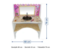 Ahşap Mini Kuaför Köşesi ölçüleri: genişlik 60 cm, derinlik 33 cm, yükseklik 79 cm