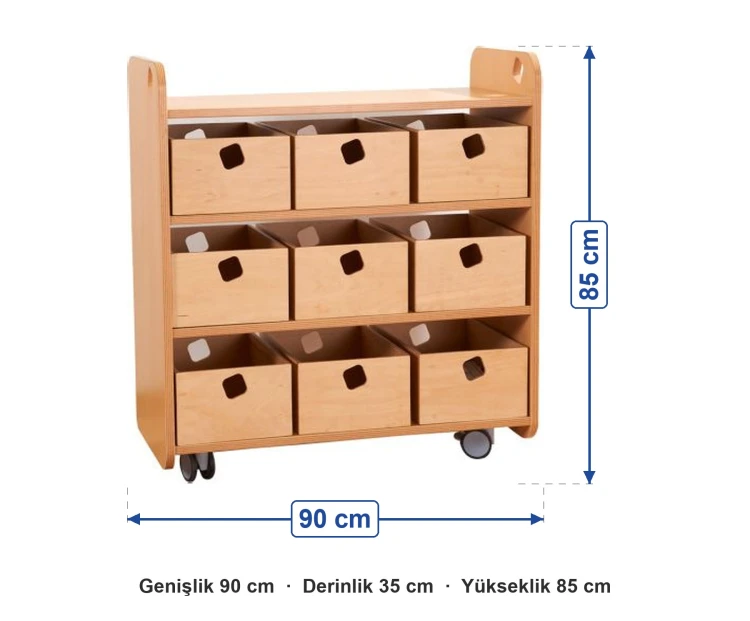 Tekerlekli 12 Kutulu Portfolyo Dolabı 90x35x85 cm ölçüleri: genişlik 90 cm, derinlik 35 cm, yükseklik 85 cm