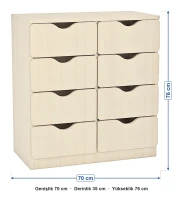 8 Çekmeceli Aytaşı Öğrenci Dolabı ölçüleri: genişlik 70 cm, derinlik 35 cm, yükseklik 76 cm