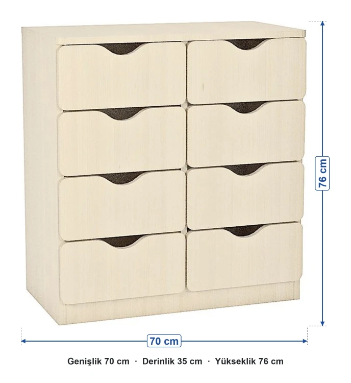 8 Çekmeceli Aytaşı Öğrenci Dolabı ölçüleri: genişlik 70 cm, derinlik 35 cm, yükseklik 76 cm