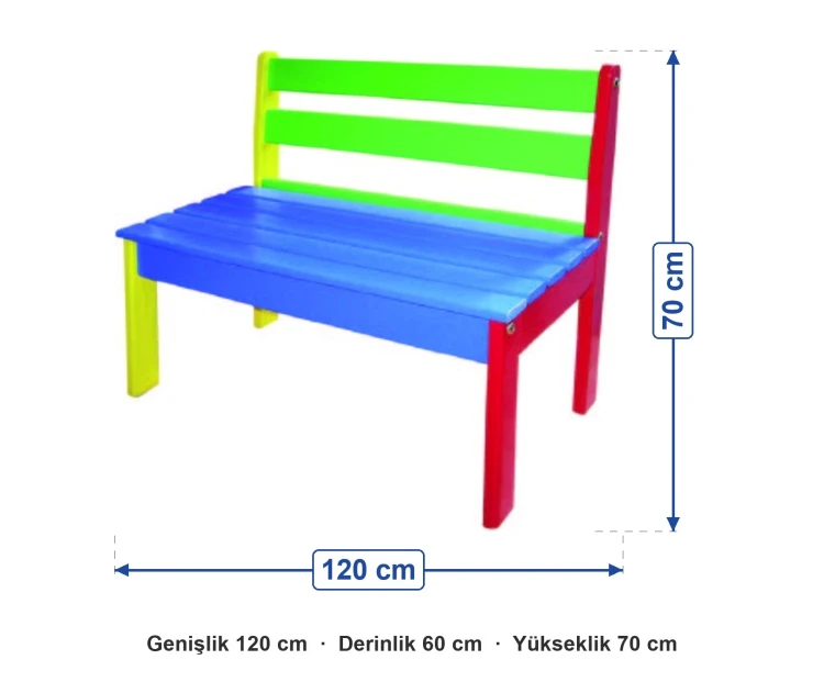 Renkli Çıtalı Sırtlıklı Bank 120x60x70 cm ölçüleri: genişlik 120 cm, derinlik 60 cm, yükseklik 70 cm