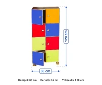 8 Kapaklı Dar Renkli Dolap 60x35x120 cm ölçüleri: genişlik 60 cm, derinlik 35 cm, yükseklik 120 cm