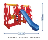Sevimli Teddy Kaydıraklı Salıncak Set B ölçüleri: genişlik 200 cm, derinlik 148 cm, yükseklik 230 cm