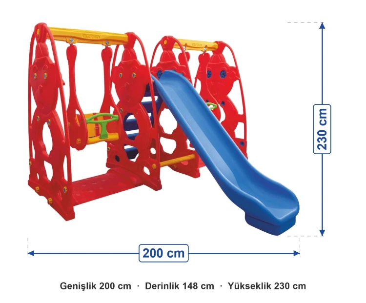 Sevimli Teddy Kaydıraklı Salıncak Set B ölçüleri: genişlik 200 cm, derinlik 148 cm, yükseklik 230 cm