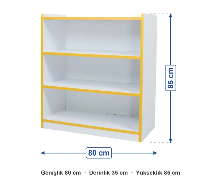 Sarı Kenarlı Açık Raflı Dolap 80x35x85 cm ölçüleri: genişlik 80 cm, derinlik 35 cm, yükseklik 85 cm