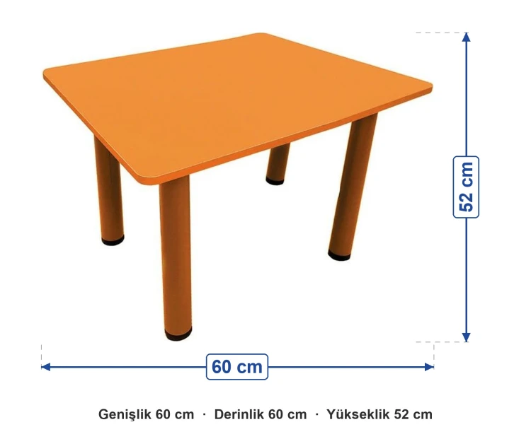 Ahşap 60x60 Turuncu Kare Masa Metal Ayaklı ölçüleri: genişlik 60 cm, derinlik 60 cm, yükseklik 52 cm
