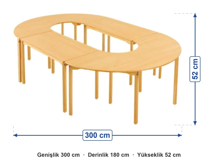 Naturel Ahşap Amfi Masa 4 Parça 300x180x52 cm ölçüleri: genişlik 300 cm, derinlik 180 cm, yükseklik 52 cm