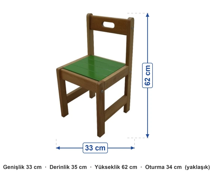 Koyu Kayın Ahşap Sandalye Renkli Oturaklı 34 cm ölçüleri: genişlik 33 cm, derinlik 35 cm, yükseklik 62 cm, oturma 34 cm (yaklaşık)
