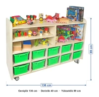 10 gözlü ve 3 raflı portfolyo dolabı akçaağaç ölçüleri: genişlik 136 cm, derinlik 40 cm, yükseklik 89 cm