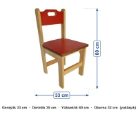 Kayın Masif MDF Oturaklı Sandalye ölçüleri: genişlik 33 cm, derinlik 35 cm, yükseklik 60 cm, oturma 32 cm (yaklaşık)