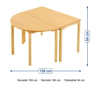 Doğal Ahşap Masa 120x120x54 cm ölçüleri: genişlik 120 cm, derinlik 120 cm, yükseklik 54 cm