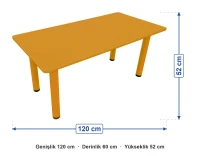 Ahşap 60x120 Turuncu Masa Metal Ayaklı ölçüleri: genişlik 120 cm, derinlik 60 cm, yükseklik 52 cm