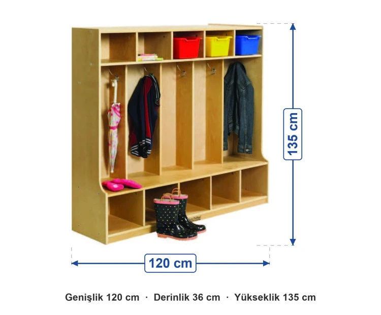 Sepetli Ahşap Vestiyer 120x36x135 cm ölçüleri: genişlik 120 cm, derinlik 36 cm, yükseklik 135 cm