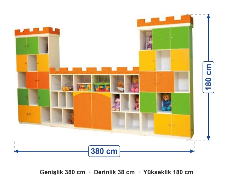 Kale Temalı Dolap Seti 380x38x180 cm ölçüleri: genişlik 380 cm, derinlik 38 cm, yükseklik 180 cm