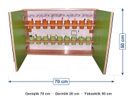 Kapaklı Diş Fırçası Dolabı 18 Fırçalık ölçüleri: genişlik 70 cm, derinlik 20 cm, yükseklik 50 cm