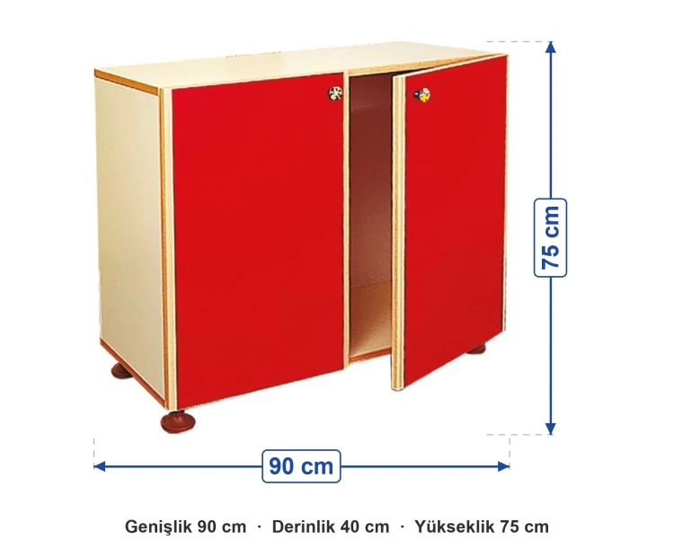 Kırmızı İki Kapaklı Dolap 90x40x75 cm ölçüleri: genişlik 90 cm, derinlik 40 cm, yükseklik 75 cm