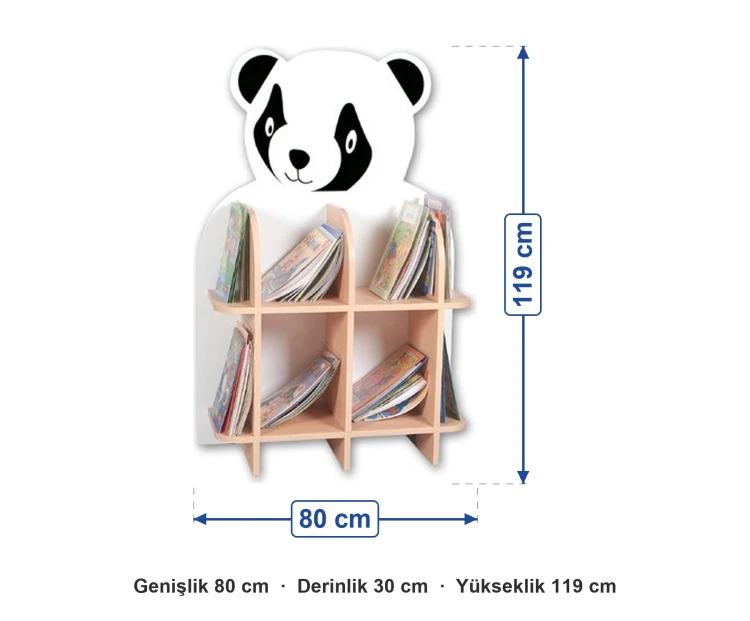 Panda Kitaplık 80x30x119 cm ölçüleri: genişlik 80 cm, derinlik 30 cm, yükseklik 119 cm