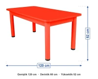 Ahşap Bazalı Dikdörtgen Kırmızı Masa Metal Ayaklı (60x120) ölçüleri: genişlik 120 cm, derinlik 60 cm, yükseklik 52 cm