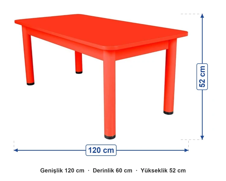 Ahşap Bazalı Dikdörtgen Kırmızı Masa Metal Ayaklı (60x120) ölçüleri: genişlik 120 cm, derinlik 60 cm, yükseklik 52 cm