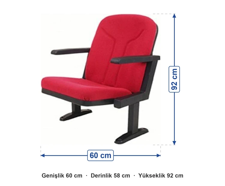 Konferans Koltuğu Kısa Sırt Açık Kollu ölçüleri: genişlik 60 cm, derinlik 58 cm, yükseklik 92 cm