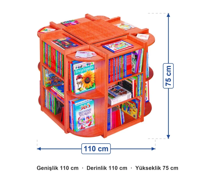 Benim Kitaplığım Dört Yüzlü Kitaplık 110x110x75 cm ölçüleri: genişlik 110 cm, derinlik 110 cm, yükseklik 75 cm