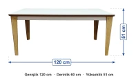 60x120 Ahşap Ayaklı Anaokulu Dikdörtgen Masa ölçüleri: genişlik 120 cm, derinlik 60 cm, yükseklik 51 cm