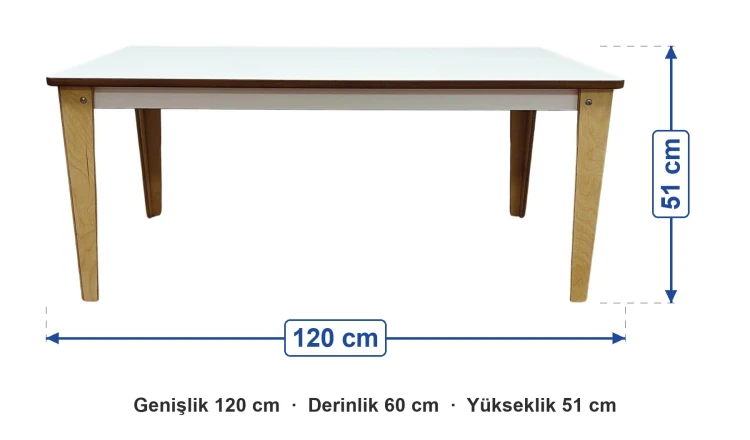 60x120 Ahşap Ayaklı Anaokulu Dikdörtgen Masa ölçüleri: genişlik 120 cm, derinlik 60 cm, yükseklik 51 cm