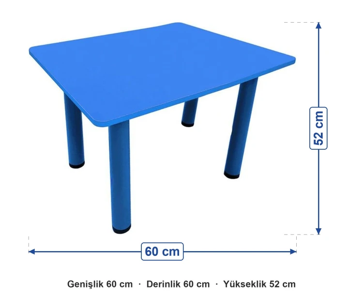 Ahşap 60x60 Mavi Kare Masa Metal Ayaklı ölçüleri: genişlik 60 cm, derinlik 60 cm, yükseklik 52 cm