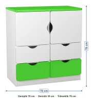 2 Kapaklı 4 Çekmeceli Yeşil Beyaz Öğrenci Dolabı ölçüleri: genişlik 70 cm, derinlik 35 cm, yükseklik 76 cm