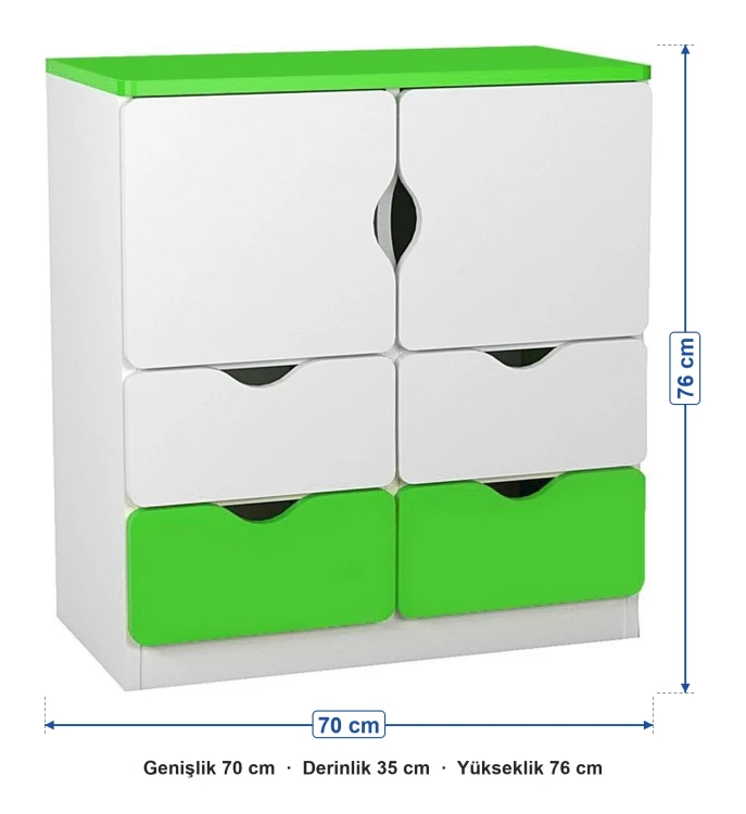 2 Kapaklı 4 Çekmeceli Yeşil Beyaz Öğrenci Dolabı ölçüleri: genişlik 70 cm, derinlik 35 cm, yükseklik 76 cm