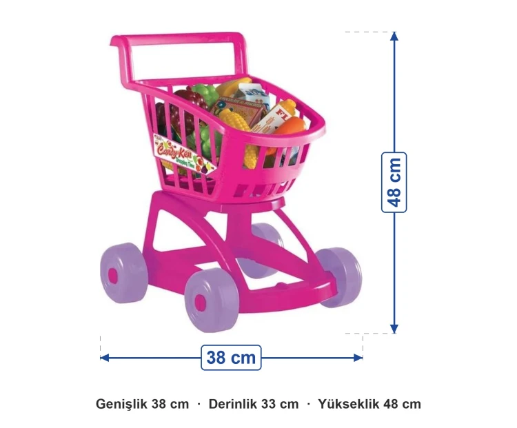 Mini Market Arabası Oyuncak 33x38x48 cm ölçüleri: genişlik 38 cm, derinlik 33 cm, yükseklik 48 cm