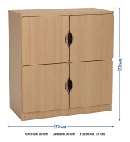 4 Kapaklı Kayın Öğrenci Dolabı ölçüleri: genişlik 70 cm, derinlik 36 cm, yükseklik 76 cm