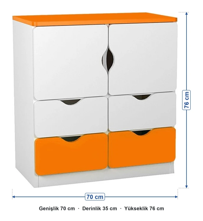 2 Kapaklı 4 Çekmeceli Turuncu Beyaz Öğrenci Dolabı ölçüleri: genişlik 70 cm, derinlik 35 cm, yükseklik 76 cm
