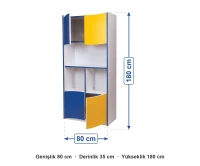 Açık Raflı Mavi Sarı Öğretmen Dolabı 80x35x180 cm ölçüleri: genişlik 80 cm, derinlik 35 cm, yükseklik 180 cm