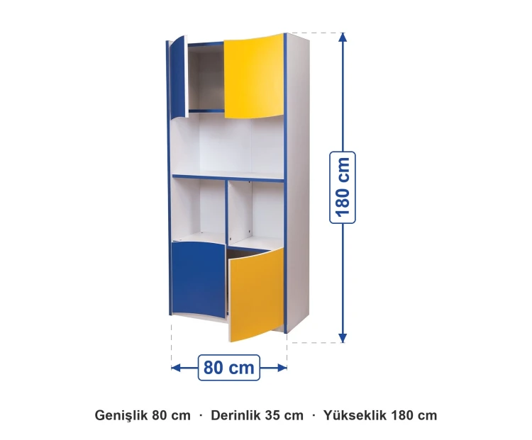 Açık Raflı Mavi Sarı Öğretmen Dolabı 80x35x180 cm ölçüleri: genişlik 80 cm, derinlik 35 cm, yükseklik 180 cm