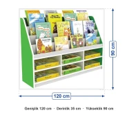 Kapak Gösterimli Kitaplık 120x35x90 cm ölçüleri: genişlik 120 cm, derinlik 35 cm, yükseklik 90 cm