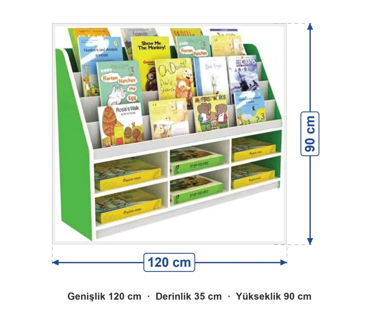 Kapak Gösterimli Kitaplık 120x35x90 cm ölçüleri: genişlik 120 cm, derinlik 35 cm, yükseklik 90 cm