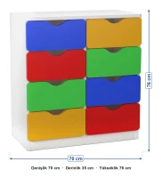 8 çekmeceli renkli öğrenci malzeme dolabı ölçüleri: genişlik 70 cm, derinlik 35 cm, yükseklik 76 cm