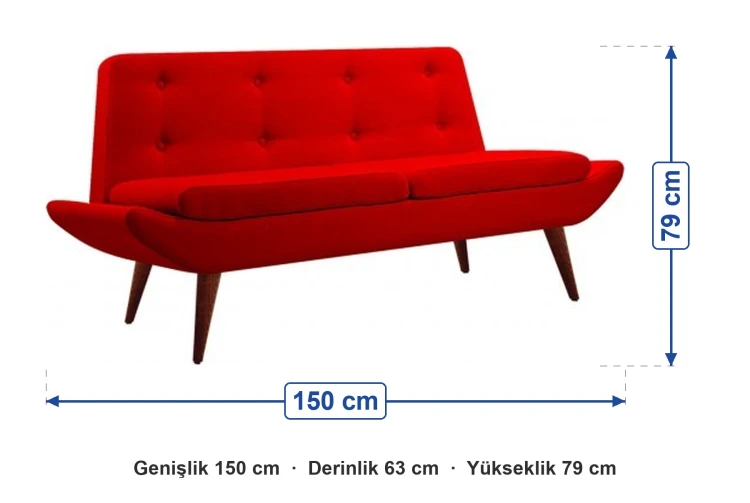 İkili Ofis Kanepesi Ahşap Ayaklı 150 cm ölçüleri: genişlik 150 cm, derinlik 63 cm, yükseklik 79 cm