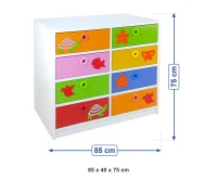 8 Çekmeceli Figürlü Dolap 85x40x75 cm ölçüleri: genişlik 85 cm, derinlik 40 cm, yükseklik 75 cm