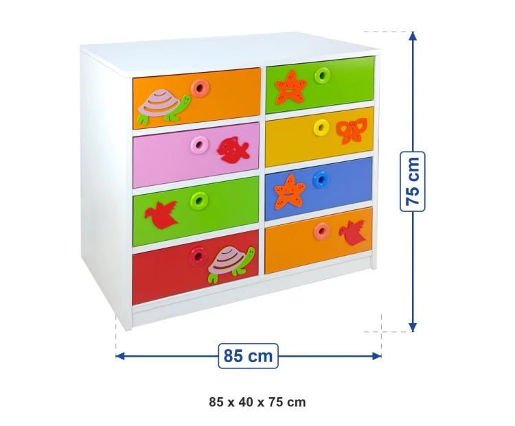 8 Çekmeceli Figürlü Dolap 85x40x75 cm ölçüleri: genişlik 85 cm, derinlik 40 cm, yükseklik 75 cm