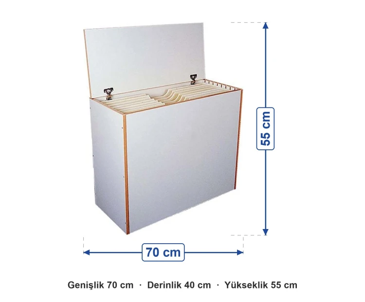 Kapaklı Karton Dolabı 70x40x55 cm ölçüleri: genişlik 70 cm, derinlik 40 cm, yükseklik 55 cm