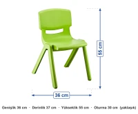 Plastik Anaokulu Sandalyesi Yeşil (4-6 Yaş) ölçüleri: genişlik 36 cm, derinlik 37 cm, yükseklik 55 cm, oturma 30 cm (yaklaşık)