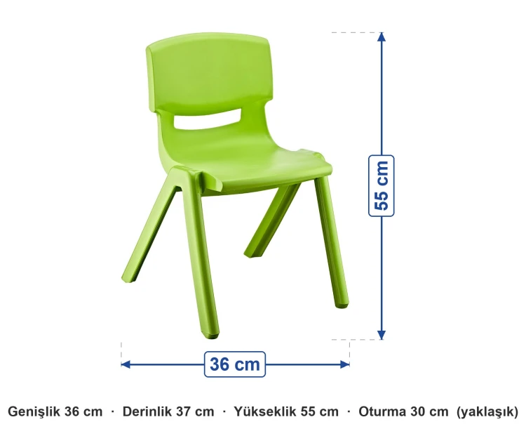 Plastik Anaokulu Sandalyesi Yeşil (4-6 Yaş) ölçüleri: genişlik 36 cm, derinlik 37 cm, yükseklik 55 cm, oturma 30 cm (yaklaşık)