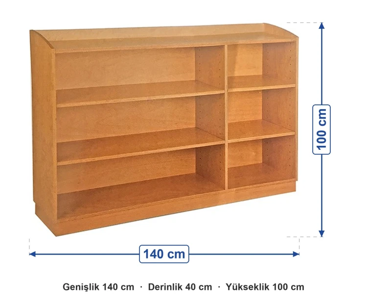 Montessori Açık Raf Dolabı 140x40x100 cm ölçüleri: genişlik 140 cm, derinlik 40 cm, yükseklik 100 cm