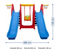 Sevimli Teddy Kaydıraklı Salıncak Set C ölçüleri: genişlik 205 cm, derinlik 200 cm, yükseklik 148 cm
