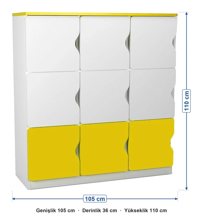 9 Kapaklı Sarı Beyaz Öğrenci Dolabı ölçüleri: genişlik 105 cm, derinlik 36 cm, yükseklik 110 cm