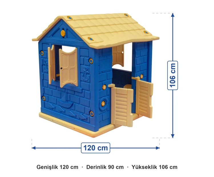 Plastik İki Kapılı Ev Mavi ölçüleri: genişlik 120 cm, derinlik 90 cm, yükseklik 106 cm